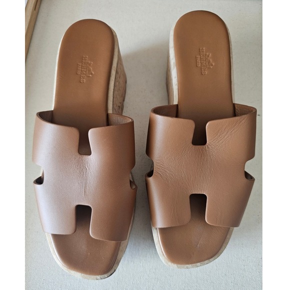 HERMÈS Naturel Calfskin Leather Platform Sandals Cork Platform 39.5 TP01 - Picture 4 of 10